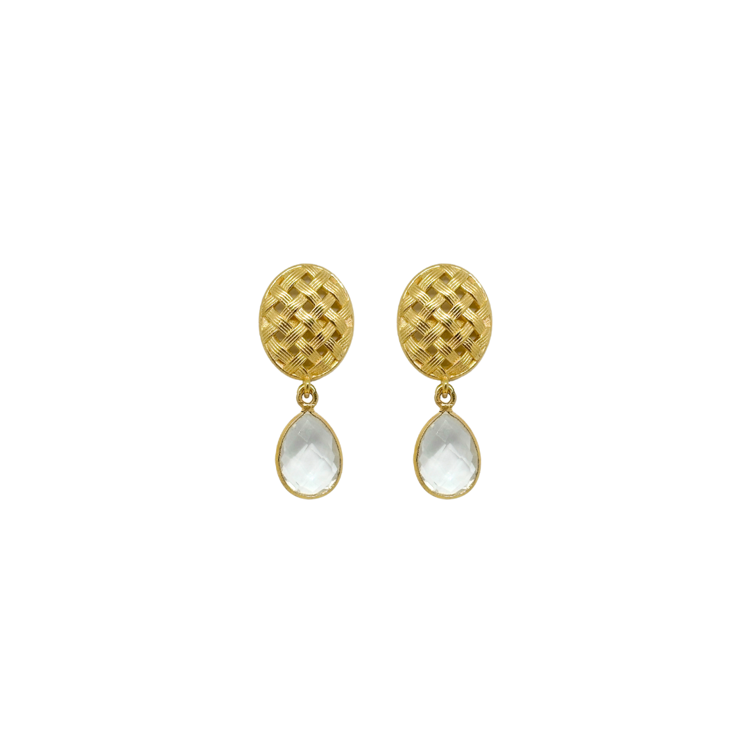 gold basketweave post earrings with clear crystal quartz teardrop_m donohue collection