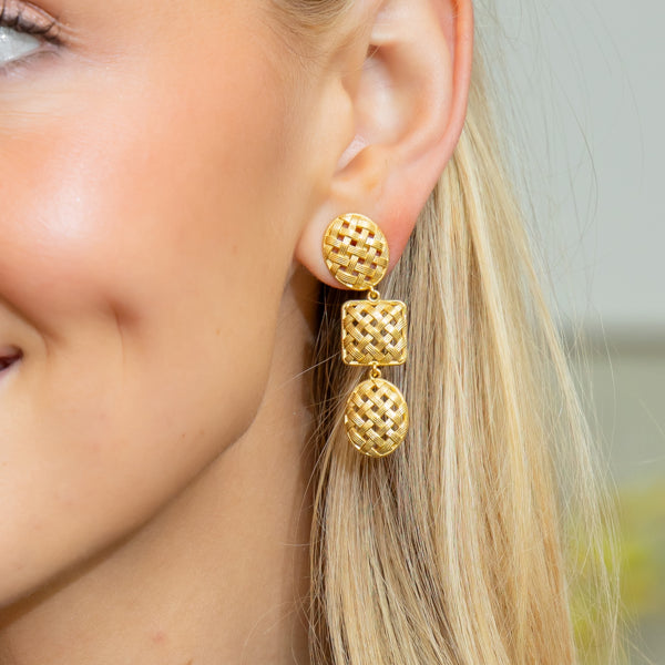 Model wearing Gold Lattice Triple Drop Earrings_M Donohue Collection