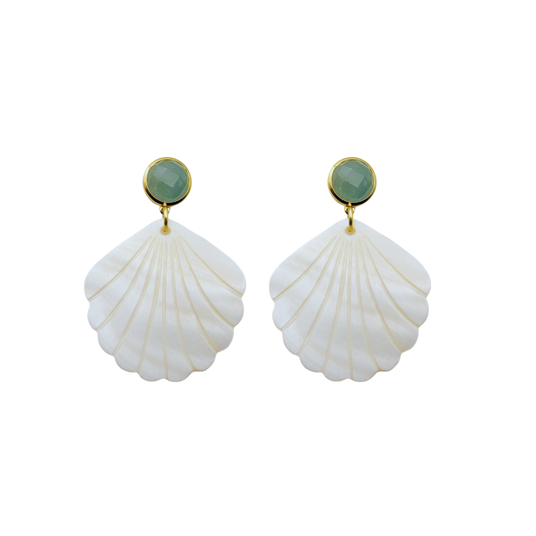 Summer mother of pearl shell earrings with aquamarine gemstone earrings on a white background_m donohue collection