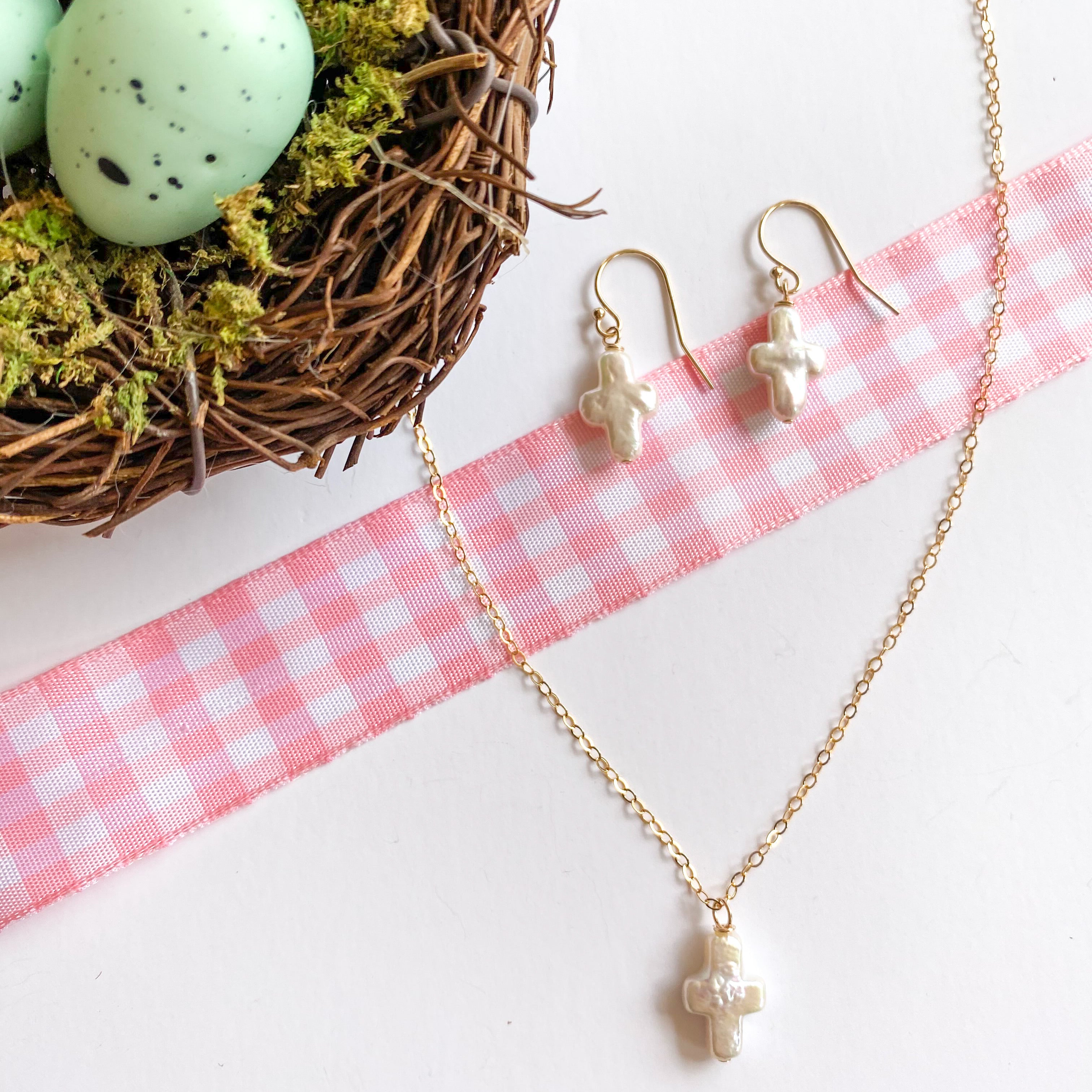 Little Cross Gold Necklace displayed with Little Cross Gold Hook Earrings_m donohue collection