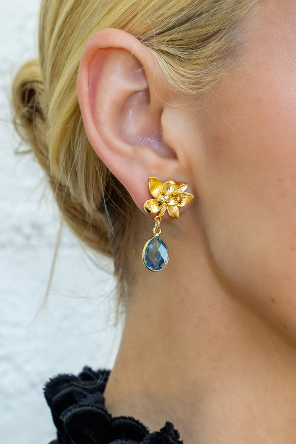 gold shell post earring with London blue quartz drops_m donohue collection