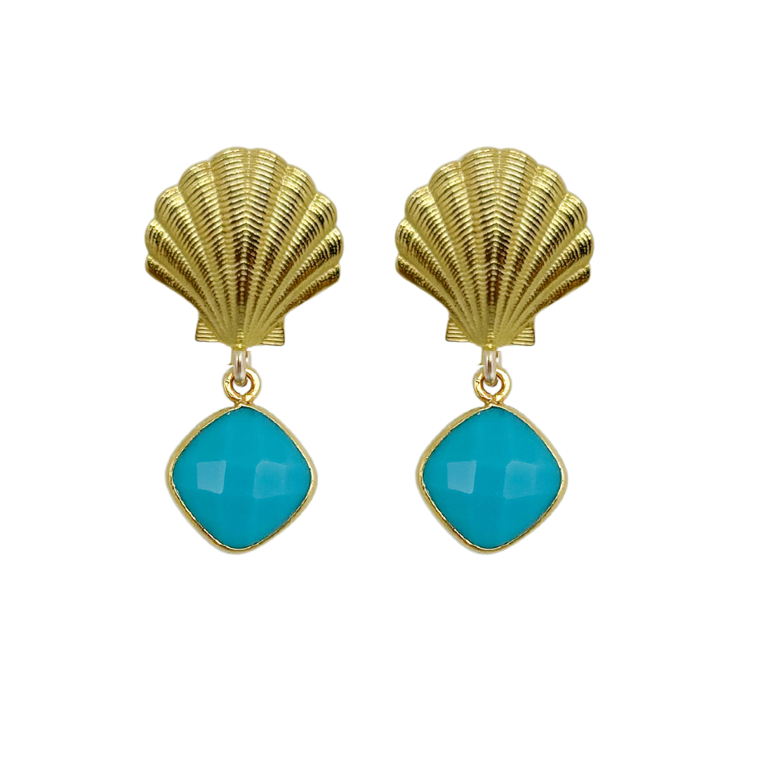 Stunning gold plated shell post with dainty turquoise gemstone drop_m donohue collection