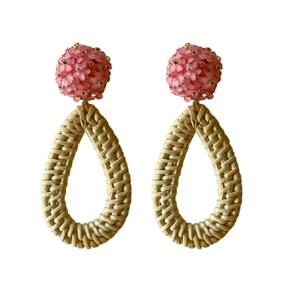 Pink floral cluster clip-on post with rattan teardrop_m donohue collection