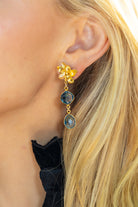 Model wearing Magnolia Flower Blue Quartz Drop Earrings_M Donohue Collection