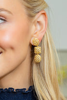 Model wearing Gold Lattice Triple Drop Earrings_M Donohue Collection