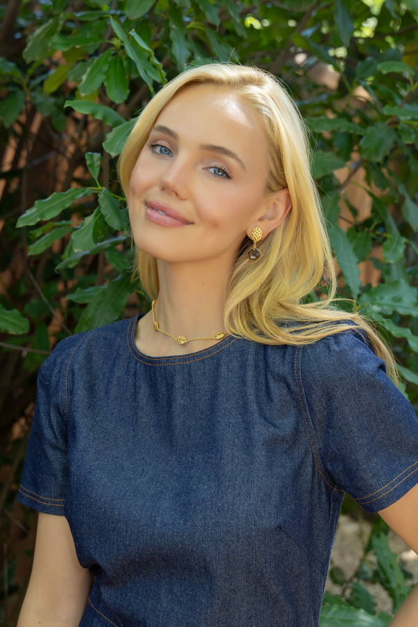 Model wearing Gold Lattice Smoky Quartz Gemstone Drop Earrings_M Donohue Collection