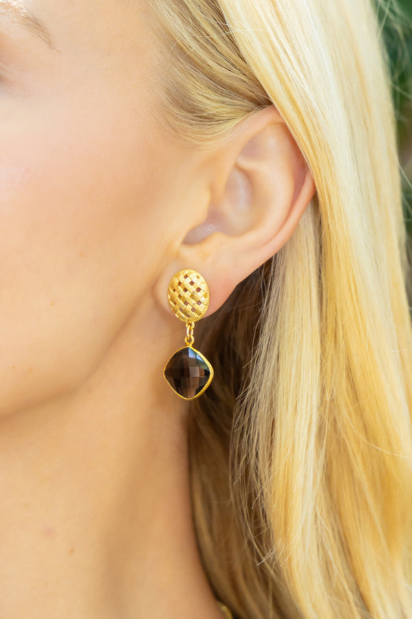 Model wearing Gold Lattice Smoky Quartz Gemstone Drop Earrings_M Donohue Collection