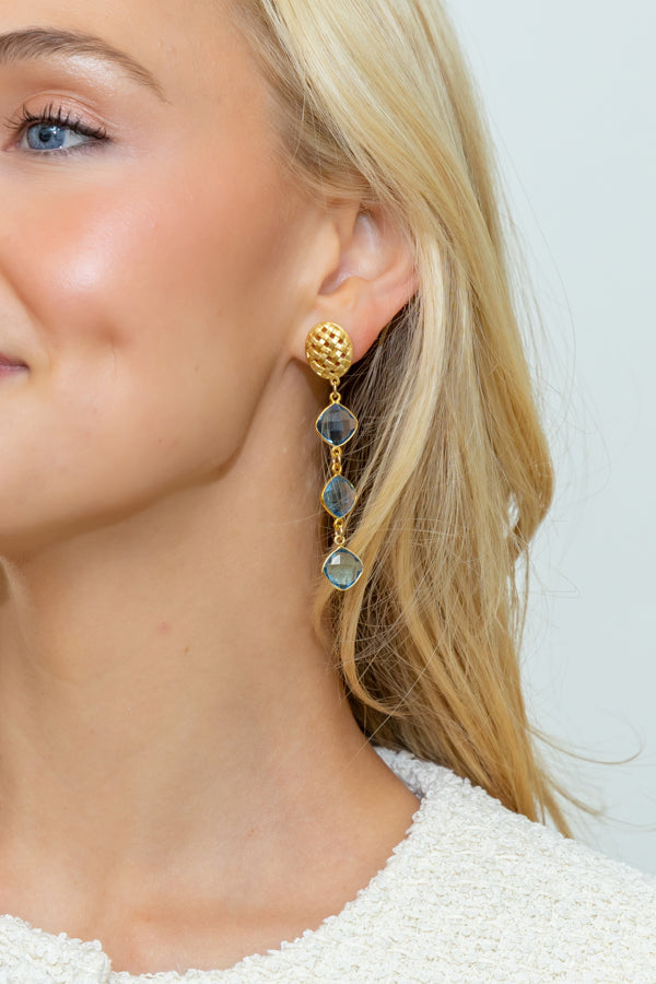 Model wearing Gold Lattice Blue Quartz Gemstone Triple Drop Earrings_M Donohue Collection