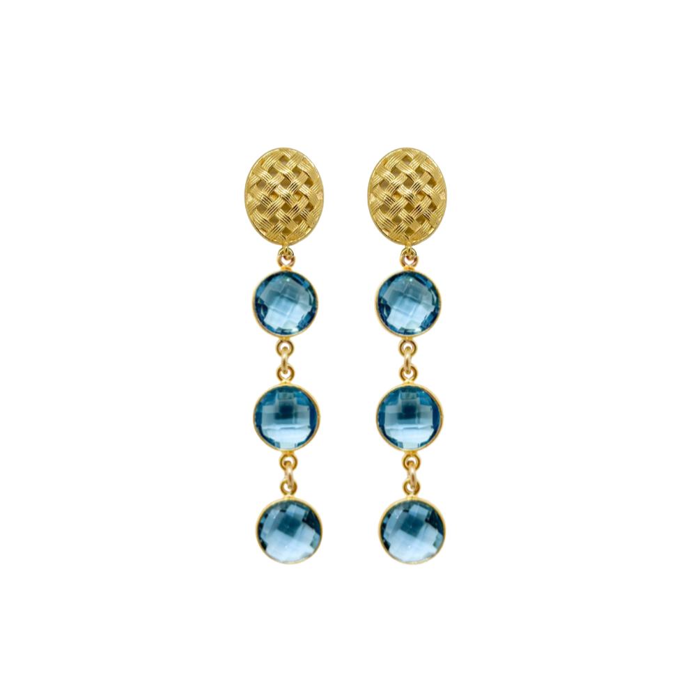 gold basketweave posts with blue quartz gemstone triple drops_m donohue collection