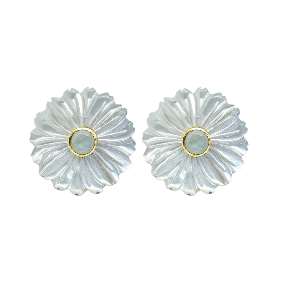 Beautiful white mother of pearl flower clip-on post with green aquamarine gemstone center_m donohue collection