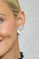 Model wearing Orange & White Fleur Earrings_M Donohue Collection