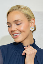 Model wearing Orange & White Fleur Earrings_M Donohue Collection