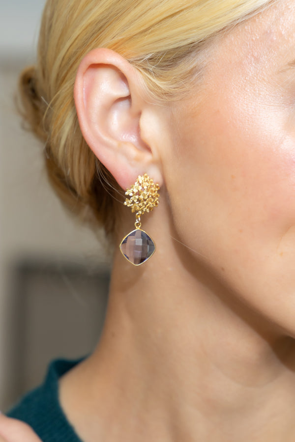 Model wearing Flower Amethyst Drop Earrings_M Donohue Collection