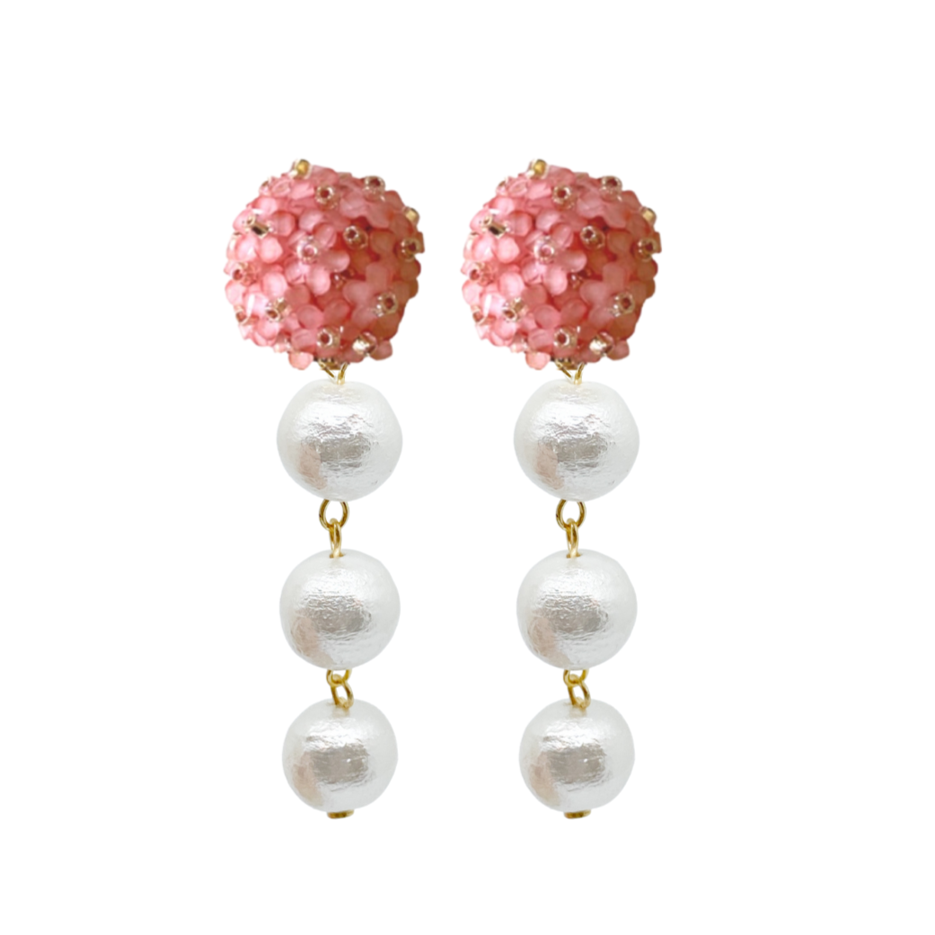 liz pink flower clip-on posts with three cotton pearl drops_m donohue colletion