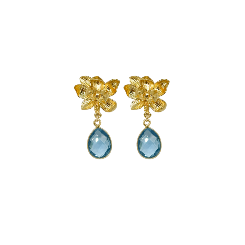 gold magnolia flower earring post with blue quartz gemstone drop_ m donohue collection