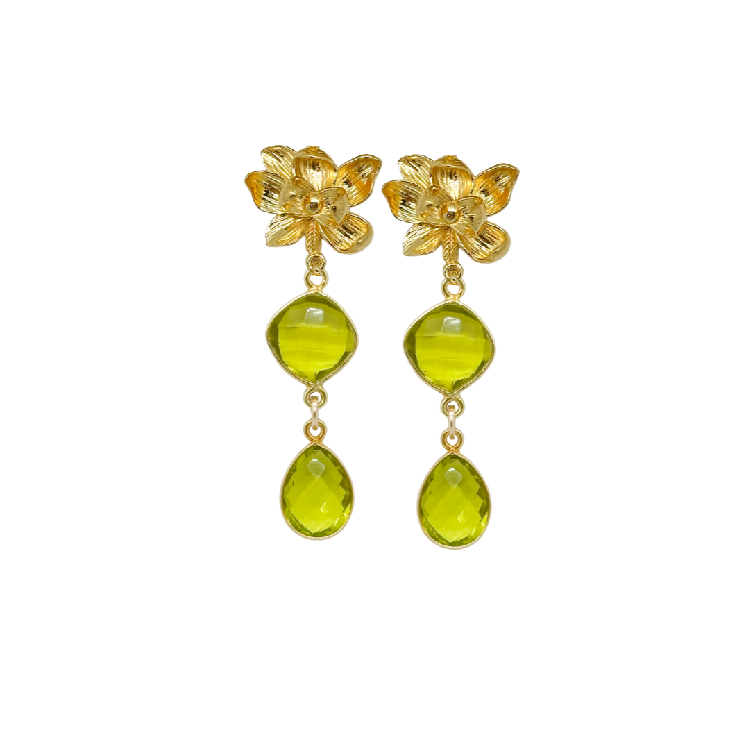 gold magnolia flower earring post with green peridot gemstone drops_ m donohue collection