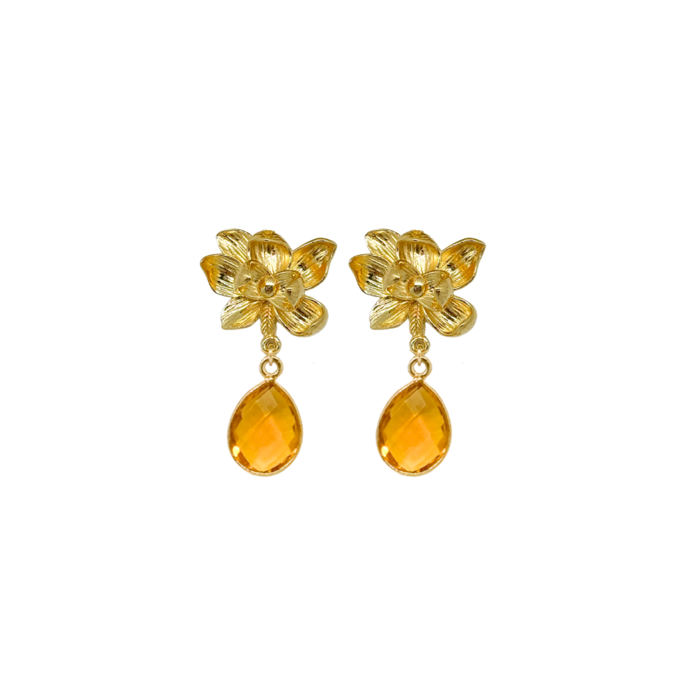 gold magnolia flower earring post with orange citrine gemstone drop_ m donohue collection