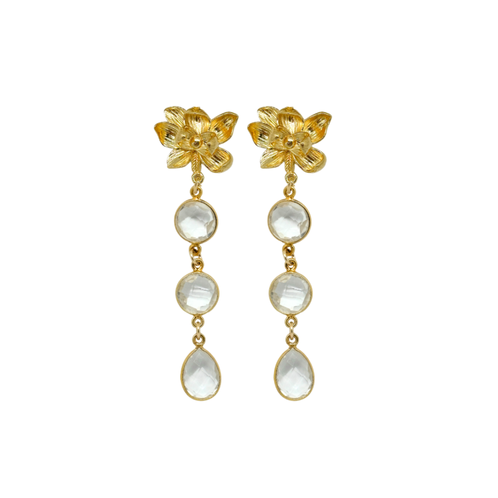 gold magnolia flower earring post with three clear crystal quartz gemstone drops_ m donohue collection