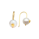 Pearl earrings with gold seashell and gold hooks on a white background