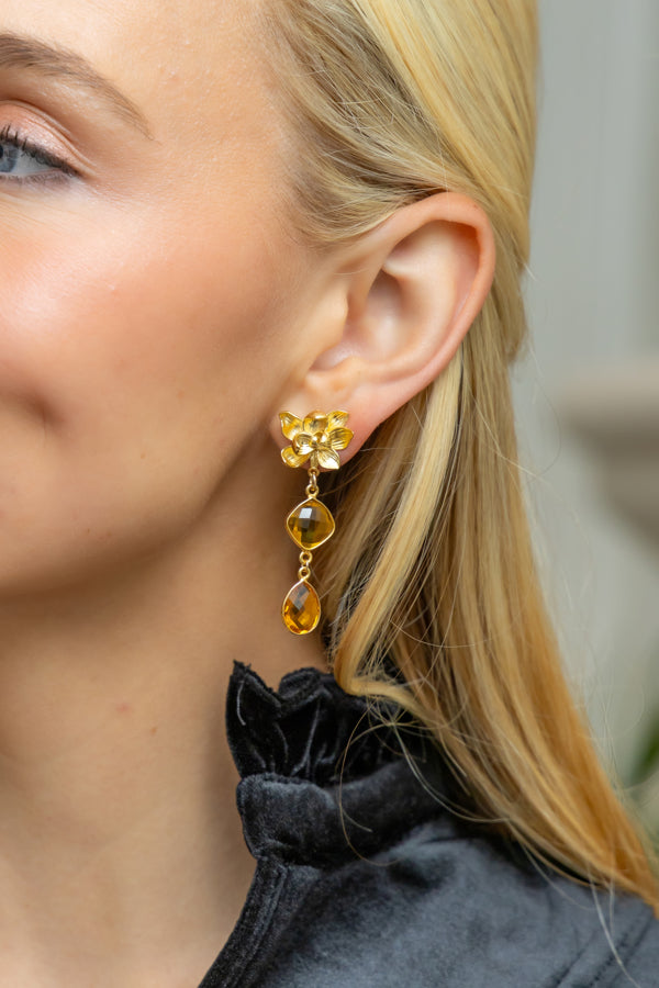 Model wearing Magnolia Flower Orange Citrine Drop Earrings_M Donohue Collection