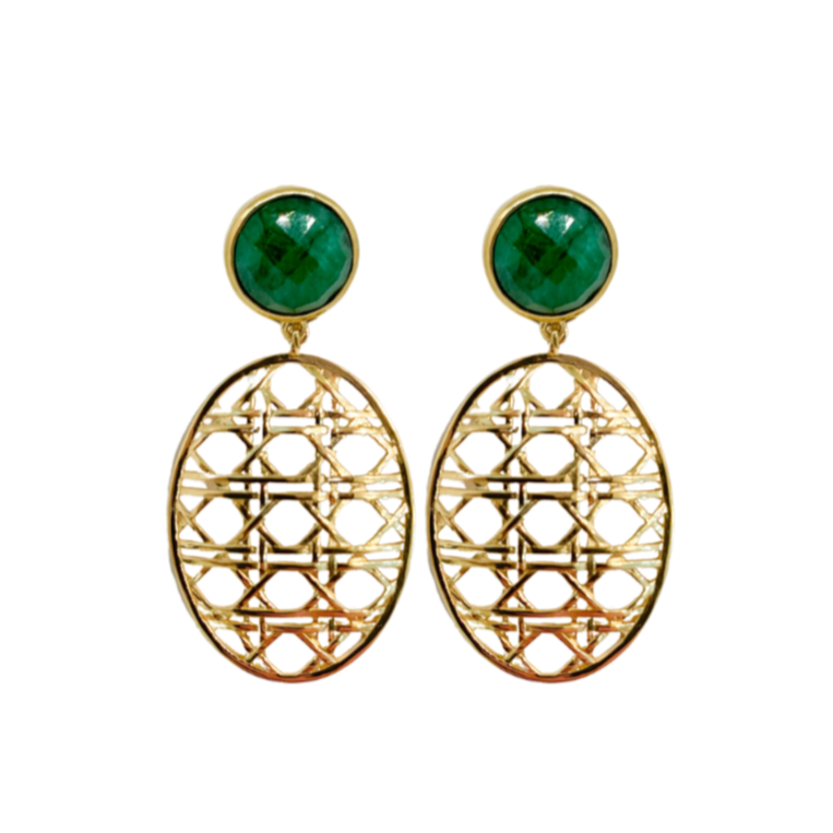 semiprecious emerald green earring post with gold wicker design oval drop_m donohue collection