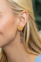 Model wearing Magnolia Flower Blue Quartz Drop Earrings_M Donohue Collection