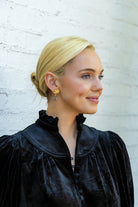 Model wearing Magnolia Flower Blue Quartz Drop Earrings_M Donohue Collection