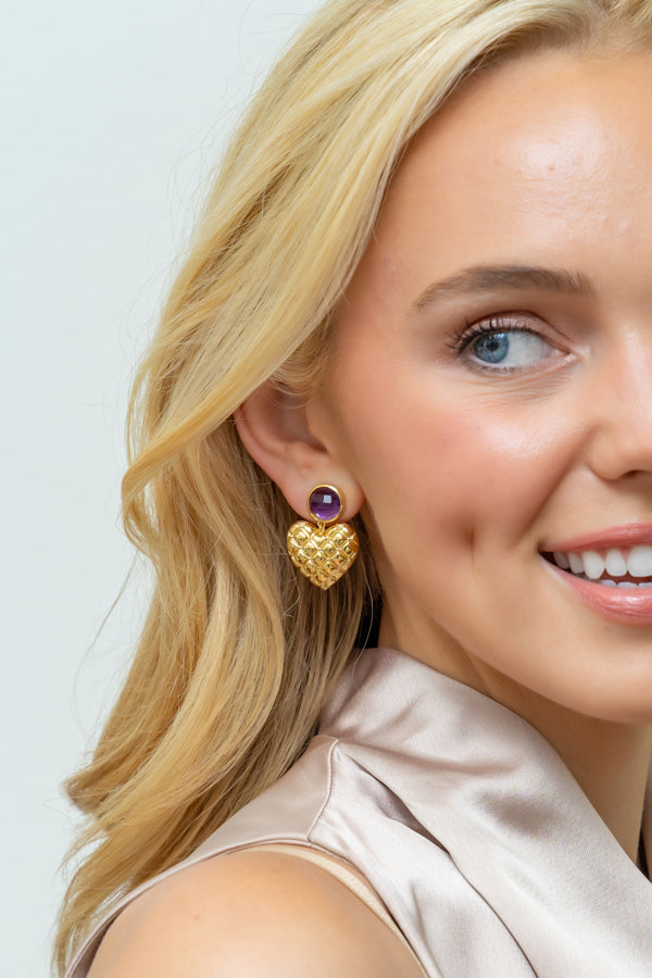 Model wearing Elizabeth Amethyst Heart Drop Earrings_M Donohue Collection