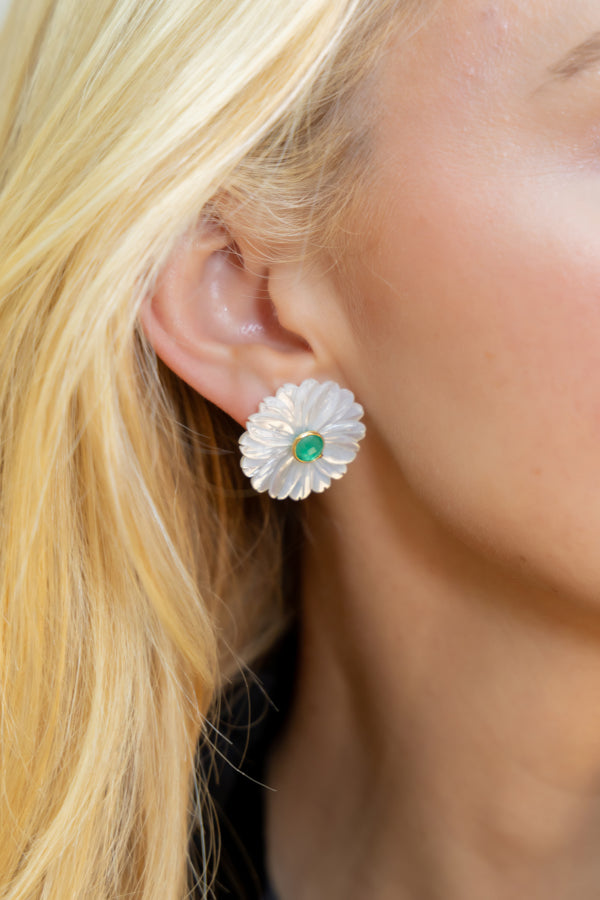 Model wearing Emerald & White Fleur Earrings_M Donohue Collection