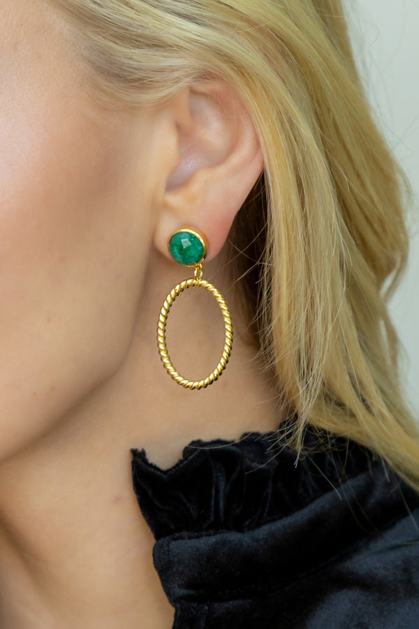 Model wearing Emerald French Twist Earrings_M Donohue Collection