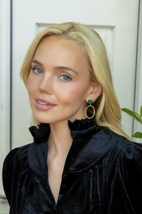 Model wearing Emerald French Twist Earrings_M Donohue Collection