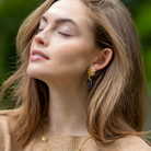 Model wears Jardin Blue Quartz Drop earrings_m donohue collection