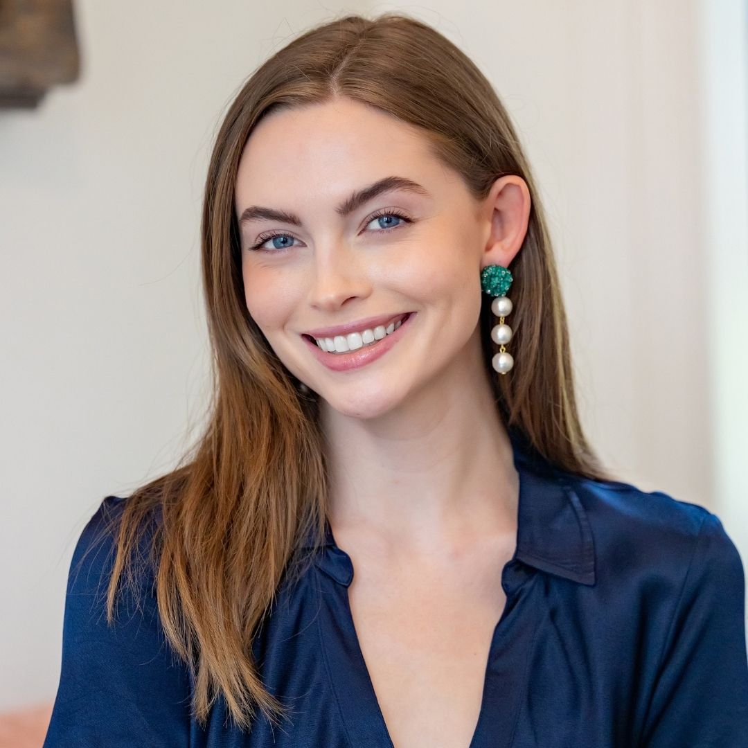 Model wears Liz Cotton Pearl Triple Green Earrings_m donohue collection