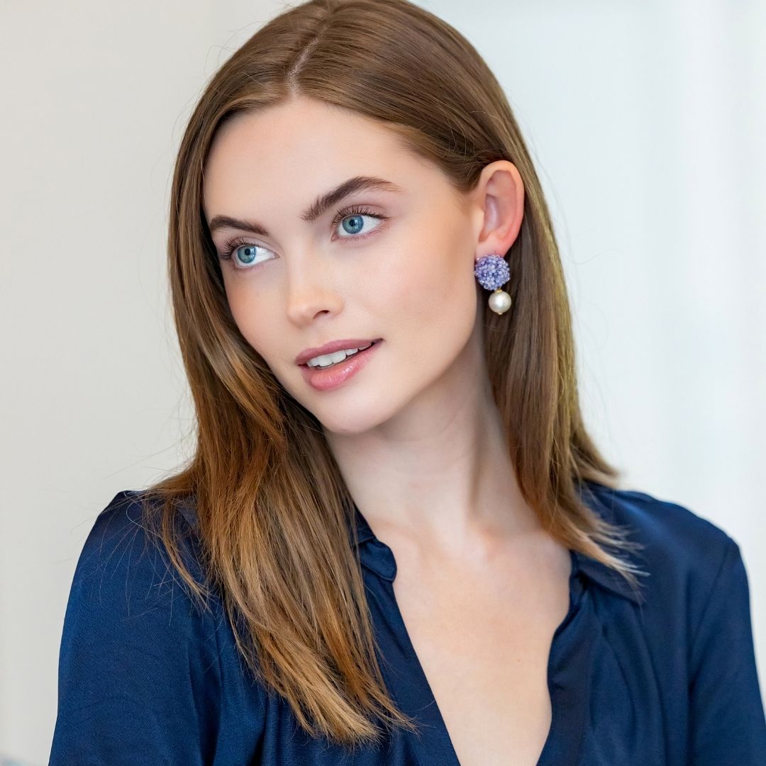 Model wears Liz Cotton Pearl Purple Earrings_m donohue collection