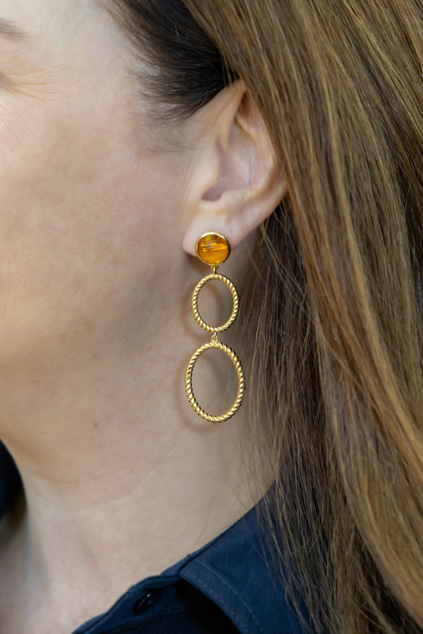 Model wearing Orange Citrine Double French Twist Earrings_M Donohue Collection