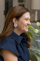 Model wearing Moss Peridot & White Fleur Earrings_M Donohue Collection