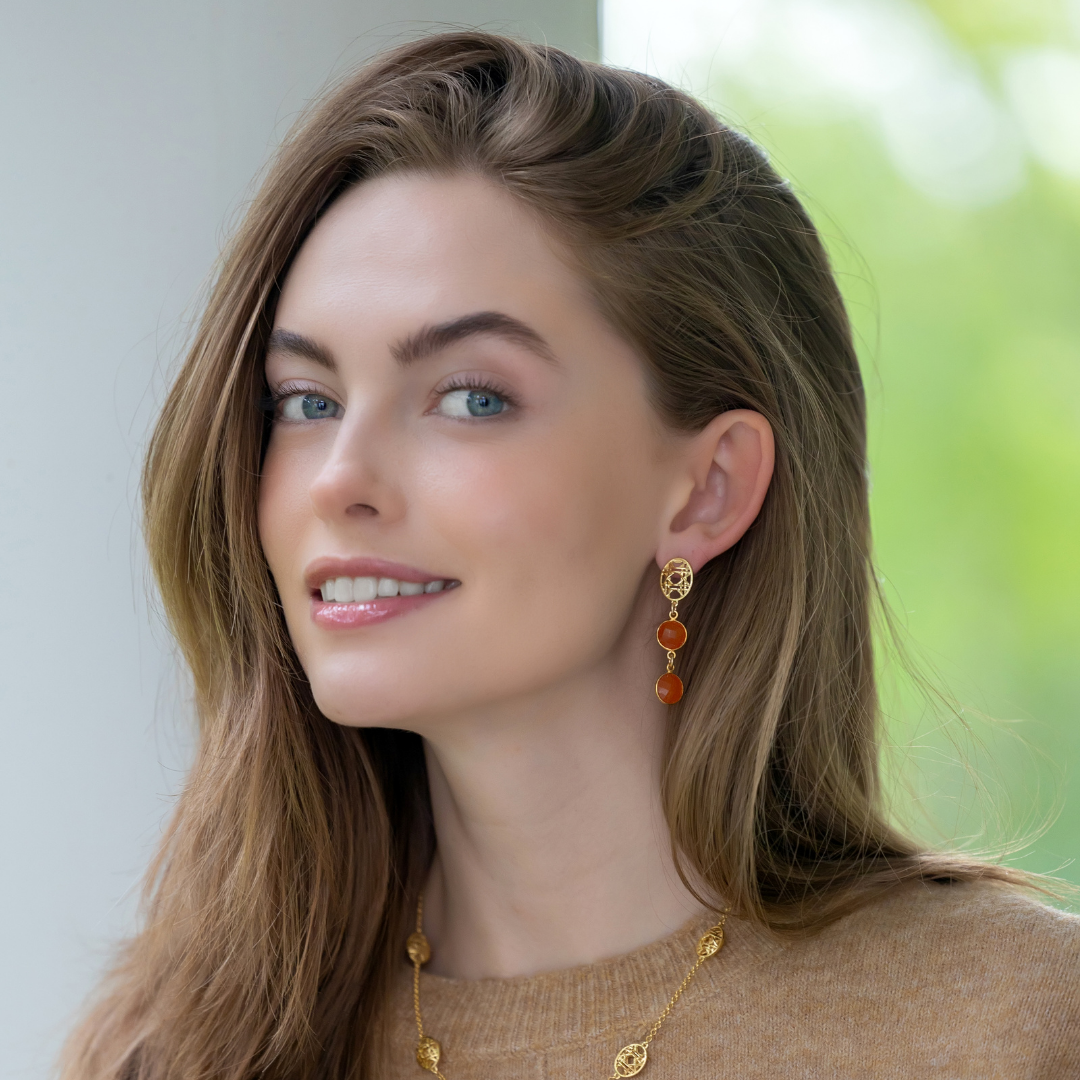 Model wears Remy Double Carnelian Earrings_m donohue collection