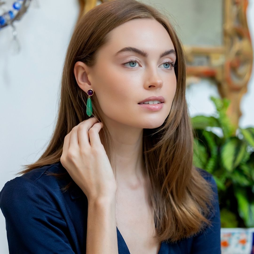 Model wears Triomphe Amethyst & Aventurine Earrings_m donohue collection