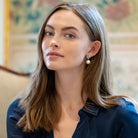 Model is wearing Triomphe Aquamarine and Single Cotton Pearl Earrings_m donohue collection