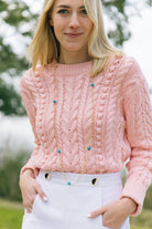Model showing Annabelle aqua necklace worn long_m donohue collection