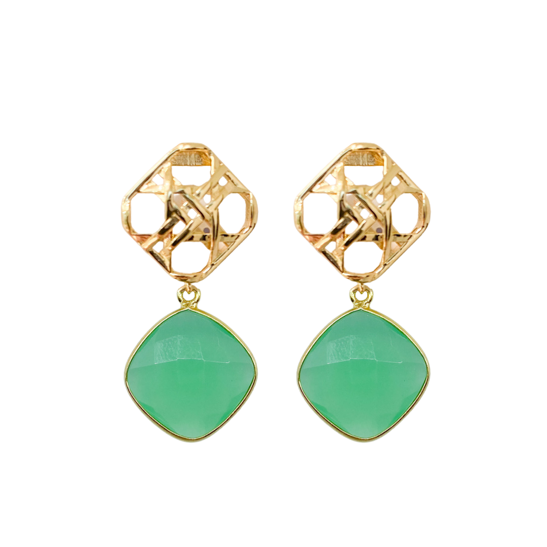 Gold wicker posts paired perfectly with a vibrant green chalcedony drop_m donohue collection