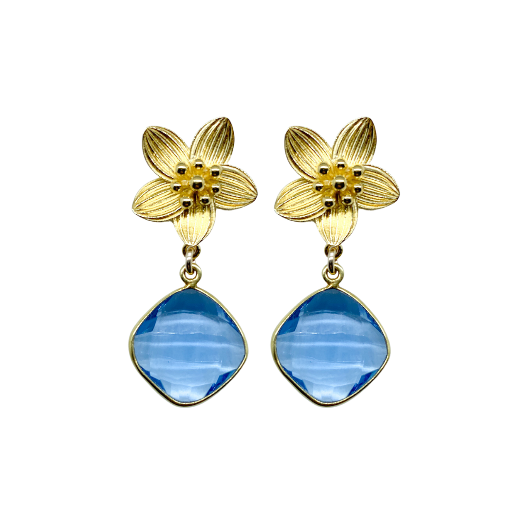 Intricate floral posts with a rich blue quartz drop_m donohue collection