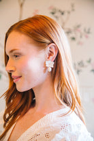 Model wearing Audrey Pearl Earrings_m donohue collection