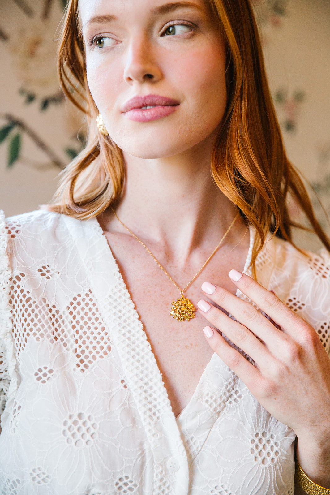 Model wear the Jardin Hydrangea Gold Pendant necklace_m donohue collection