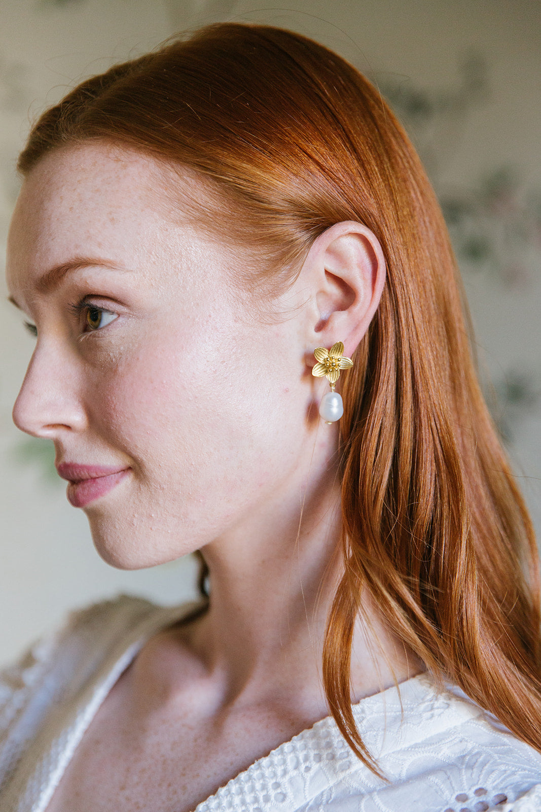 Model wears Cecile Pearl earrings_m donohue collection