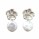 Silver-plated flower post earrings with white freshwater coin pearls_m donohue collection