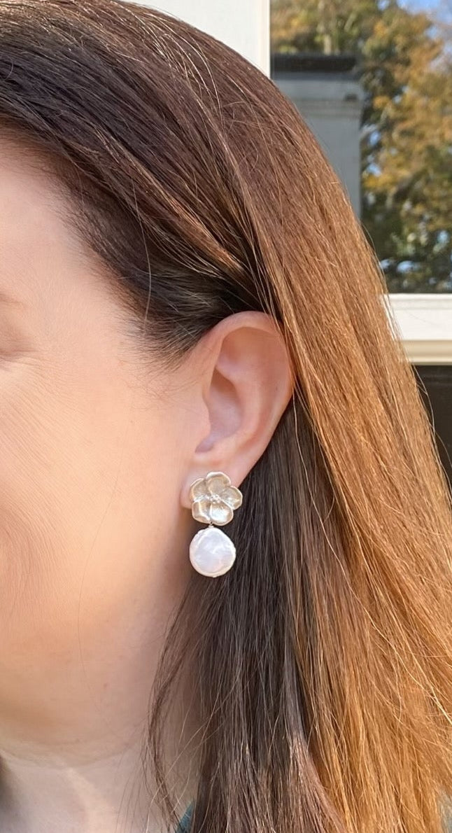 Model is wearing Mimi Silver & Pearl Earrings_m donohue collection